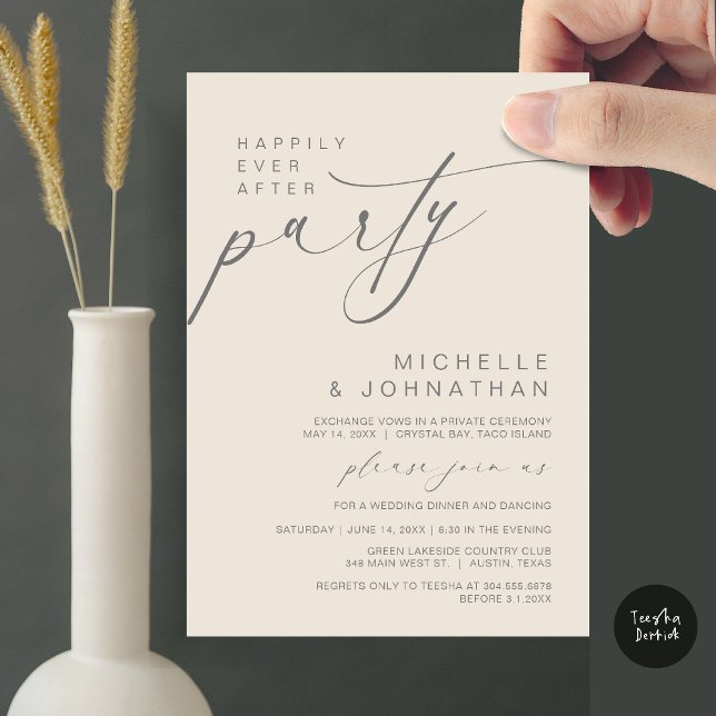 Invitation Heureux Jamais Après Le Dîner, Mariage Elopement (Happily Ever After Party, Wedding Elopement Dinner Brunch Invitation Card, PDF, Cream Grey)