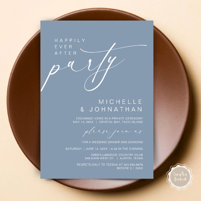 Invitation Heureux Jamais Après Le Dîner, Mariage Elopement (Happily Ever After Party, Wedding Elopement Dinner Brunch Invitation Card, PDF, Dusty Blue)