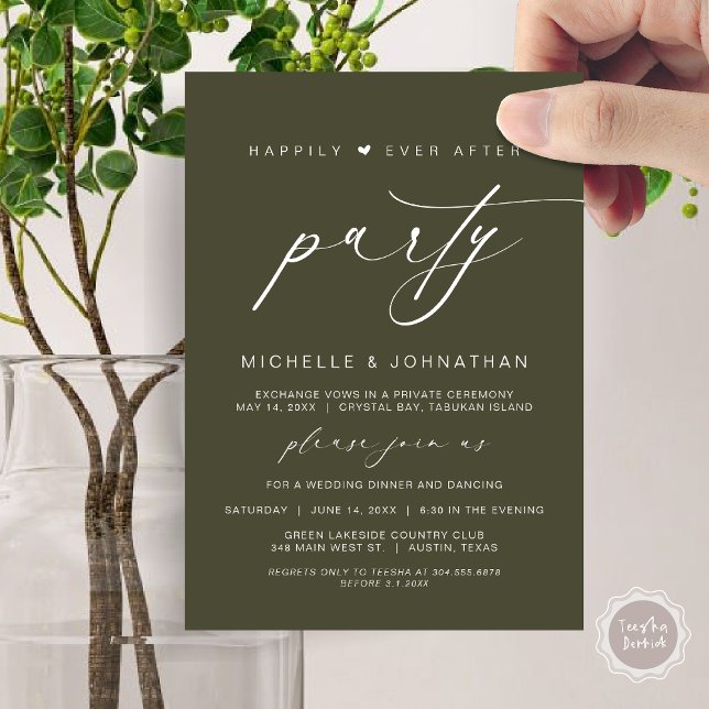 Invitation Heureux Jamais Après Le Dîner, Mariage Elopement (Happily Ever After Party, Wedding Elopement Dinner Brunch Invitation Card, PDF, Olive Green)