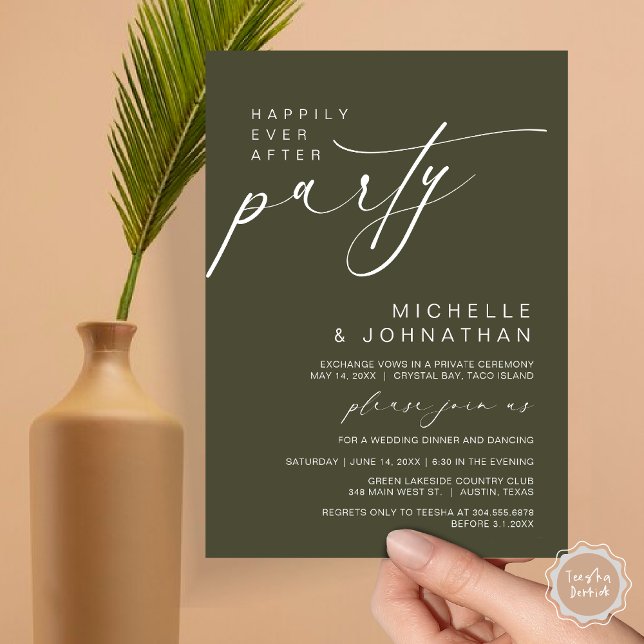 Invitation Heureux Jamais Après Le Dîner, Mariage Elopement (Happily Ever After Party, Wedding Elopement Dinner Brunch Invitation Card, PDF, Olive Green)