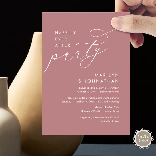 Invitation Heureux Jamais Après Le Dîner Mariage Elopement (Happily Ever After Party, Modern Minimalist Wedding Dinner Invitation Card, PDF, Dusty Rose Pink)