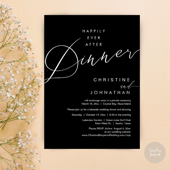 Invitation Heureux Jamais Après Le Dîner Mariage Elopement Sc (Happily Ever After Dinner Wedding Elopement Script Invitation Card, PDF, Modern Romantic, in Black)