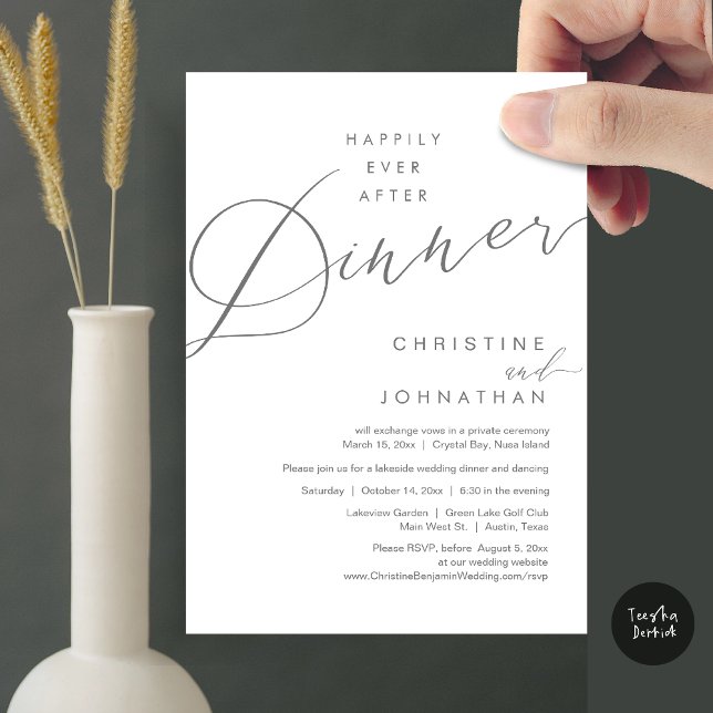 Invitation Heureux Jamais Après Le Dîner Mariage Elopement Sc (Happily Ever After Dinner Wedding Elopement Script Invitation Card, PDF, Modern Romantic, Dark Grey)