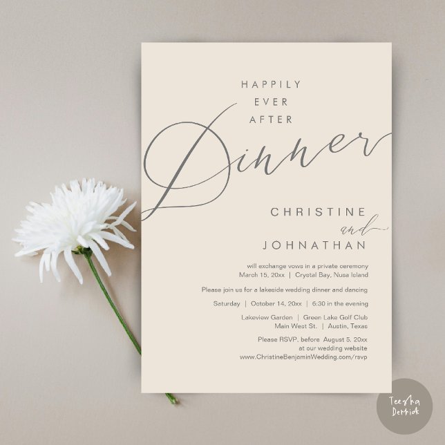 Invitation Heureux Jamais Après Le Dîner Mariage Elopement Sc (Happily Ever After Dinner Wedding Elopement Script Invitation Card, PDF, Modern Romantic, Cream Grey)