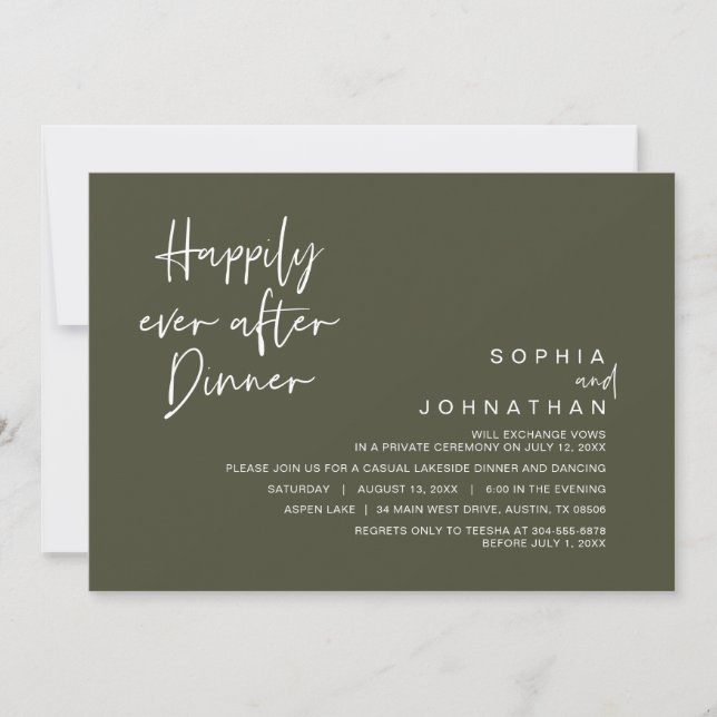 Invitation Heureux Jamais Après Le Dîner Mariage, Olive Green (Devant)