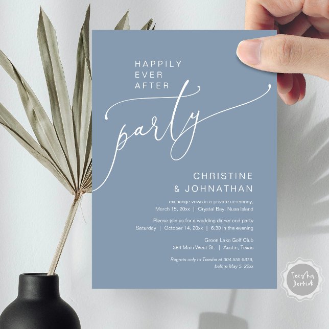 Invitation Heureux Jamais après le parti Mariage Elopement (Happily Ever After Party, Modern Romantic Wedding Elopement Dinner Invitation Card, in Dusty Blue)