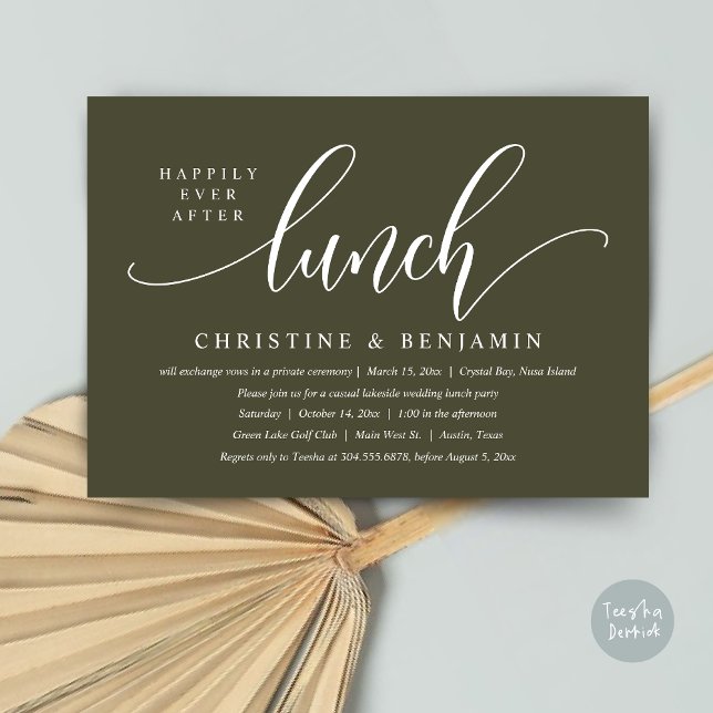 Invitation Heureux Jamais Après L'Elopement Du Déjeuner, Scri (Happily Ever After Lunch, Modern Wedding Elopement Invitation Card, PDF, in Olive Green)