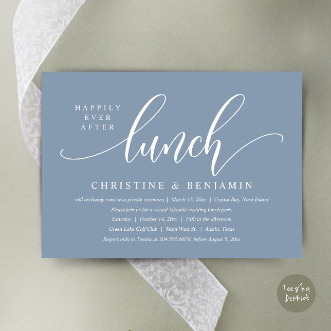 Invitation Heureux Jamais Après L'Elopement Du Déjeuner, Scri (Happily Ever After Lunch, Modern Wedding Elopement Invitation Card, PDF, in Dusty Blue)