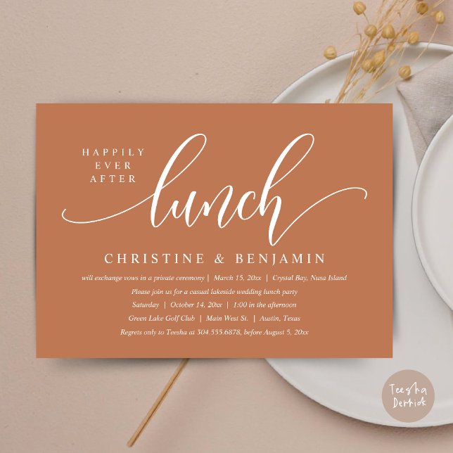 Invitation Heureux Jamais Après L'Elopement Du Déjeuner, Scri (Happily Ever After Lunch, Modern Wedding Elopement Invitation Card, PDF, in Copper Rust Brown)
