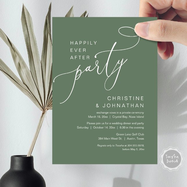 Invitation Heureux Jamais après l'invitation du parti Mariage (Happily Ever After Party, Wedding Elopement Brunch, Dinner or Lunch Invitation Card in Sage Green)