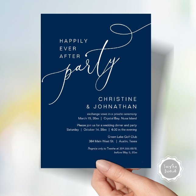 Invitation Heureux Jamais après l'invitation du parti Mariage (Happily Ever After Party, Wedding Elopement Brunch, Dinner or Lunch Invitation Card in Navy Blue)