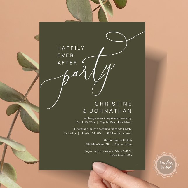 Invitation Heureux Jamais après l'invitation du parti Mariage (Happily Ever After Party, Wedding Elopement Brunch, Dinner or Lunch Invitation Card in Olive Green)