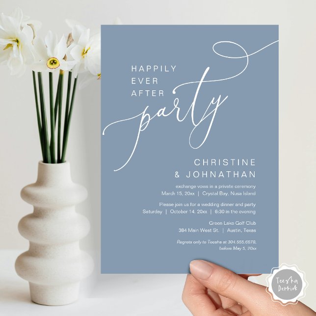 Invitation Heureux Jamais après l'invitation du parti Mariage (Happily Ever After Party, Wedding Elopement Brunch, Dinner or Lunch Invitation Card in Dusty Blue)