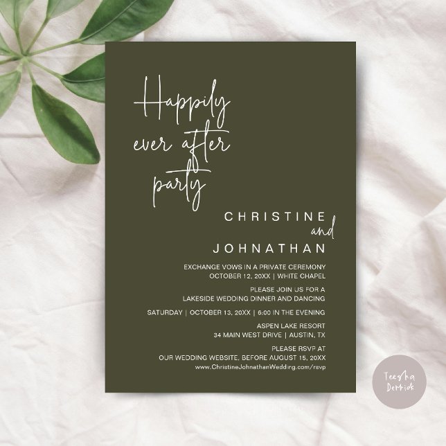 Invitation Heureux Jamais après l'invitation du parti Mariage (Happily Ever After Wedding Elopement Dinner Brunch Lunch Party Invites Card, PDF, Olive Green)