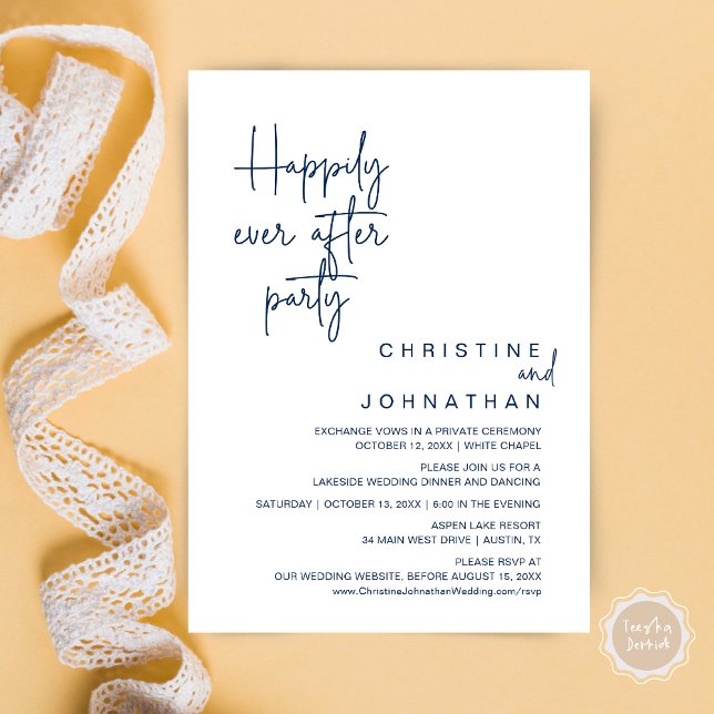Invitation Heureux Jamais après l'invitation du parti Mariage (Happily Ever After Wedding Elopement Dinner Brunch Lunch Party Invites Card, PDF, Navy Blue)