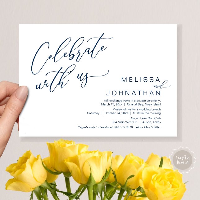 Invitation Heureux Jamais après Mariage Elopement Brunch (Celebrate with us, Nothing Fancy Just Love, Romantic Wedding Brunch Invitation Card PDF Navy Blue)