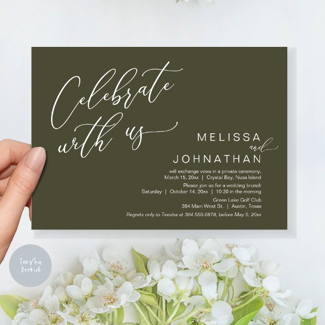 Invitation Heureux Jamais après Mariage Elopement Brunch (Celebrate with us, Nothing Fancy Just Love, Romantic Wedding Brunch Invitation Card PDF Olive Green)