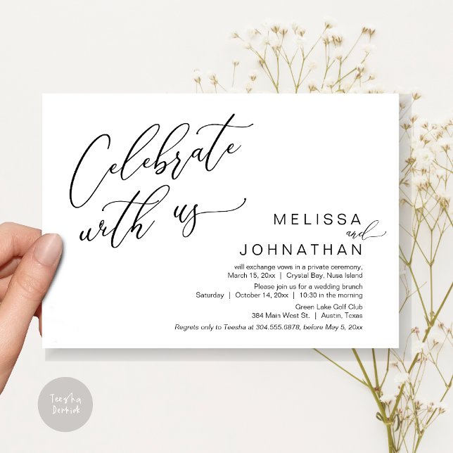 Invitation Heureux Jamais après Mariage Elopement Brunch (Celebrate with us, Nothing Fancy Just Love, Romantic Wedding Brunch Invitation Card PDF Black White)