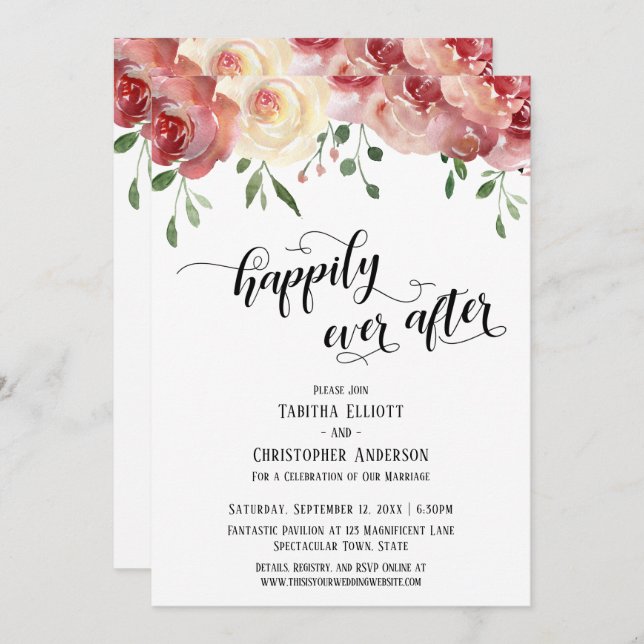 Invitation Heureux Jamais Après Script, Bourgogne, Roses Blus (Devant / Derrière)