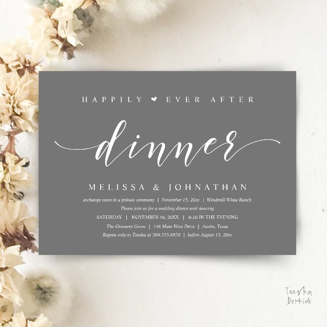 Invitation Heureux pour toujours après dîner, Moderne Minimal (Happily Ever After Dinner, Modern Minimalist reception Invitation Card, dark grey)