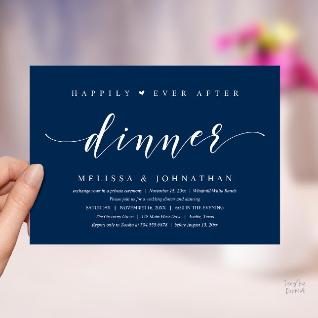 Invitation Heureux pour toujours après dîner, Moderne Minimal (Happily Ever After Dinner, Modern Minimalist reception Invitation Card, navy blue)