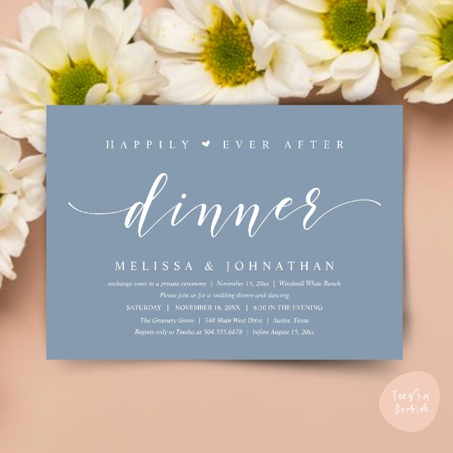 Invitation Heureux pour toujours après dîner, Moderne Minimal (Happily Ever After Dinner, Modern Minimalist reception Invitation Card, dusty blue)