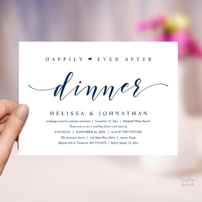 Invitation Heureux pour toujours après dîner, Moderne Minimal (Happily Ever After Dinner, Modern Minimalist reception Invitation Card, navy blue)