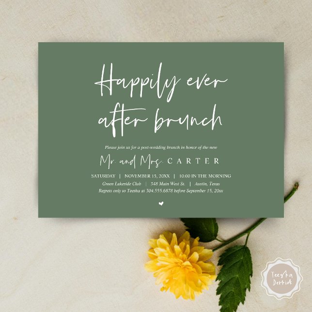 Invitation Heureux pour toujours après le brunch, Mariage mod (Happily ever after brunch, Modern post wedding Invitation Card, PDF, in timeless forest sage green)