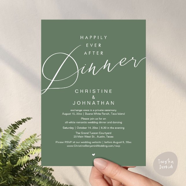 Invitation Heureux pour toujours après le dîner, mariage roma (Happily Ever After Dinner Invites Card PDF modern romantic minimalist clean forest sage greenery)