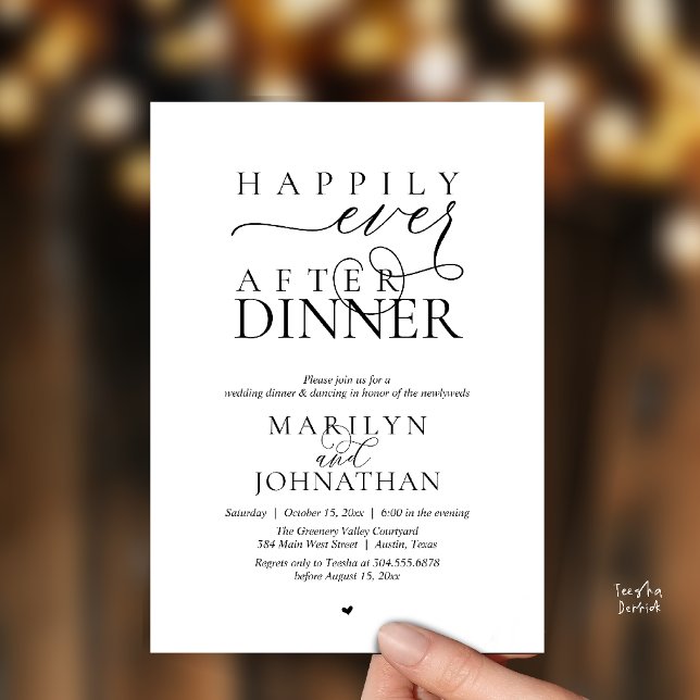 Invitation Heureux pour toujours après le dîner Réception de  (Happily Ever After Dinner Modern Wedding Reception Invitation card in black and white)