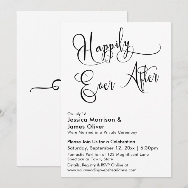 Invitation Heureux pour Toujours Calligraphie Noir & Blanc (Devant / Derrière)