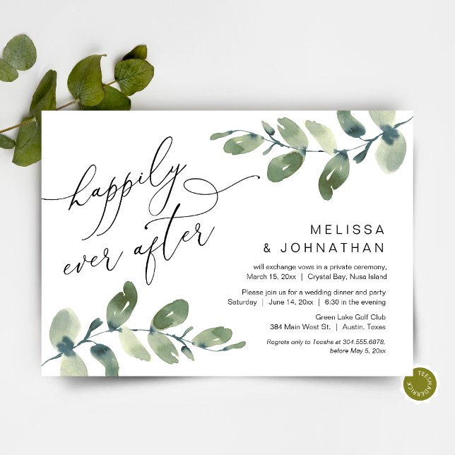 Invitation Heureux pour toujours, dîner de mariage intime, ve (Happily Ever After, Post Wedding Elopement Dinner Invitation, Modern Romantic Greenery Eucalyptus)