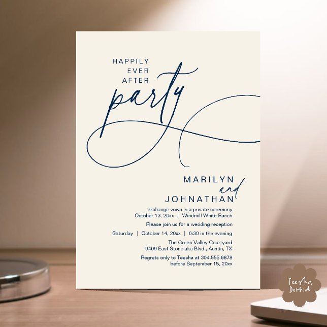 Invitation Heureux Pour Toujours Dîner de Mariage Moderne Élé (Happily Ever After Modern Elegant Romantic Wedding Reception Dinner Invites Card in Navy Blue Ivory)