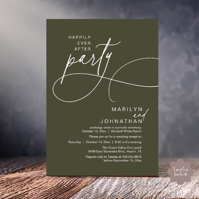 Invitation Heureux Pour Toujours Dîner de Mariage Moderne Élé (Happily Ever After Modern Elegant Romantic Wedding Reception Dinner Invitation Card in Olive Green)