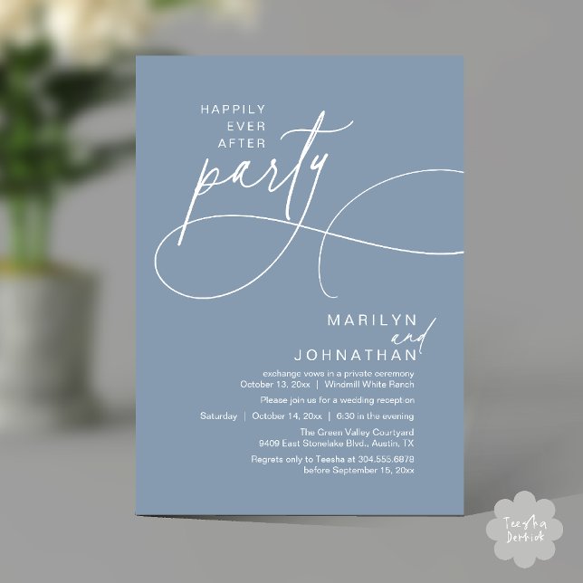Invitation Heureux Pour Toujours Dîner de Mariage Moderne et  (Happily Ever After Modern Elegant Romantic Wedding Reception Dinner Invitation Card in Dusty Blue)