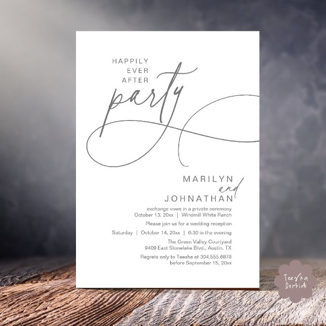 Invitation Heureux pour toujours Dîner de mariage moderne et  (Happily Ever After Modern Elegant Romantic Wedding Reception Dinner Invitation Card in Dark Grey)