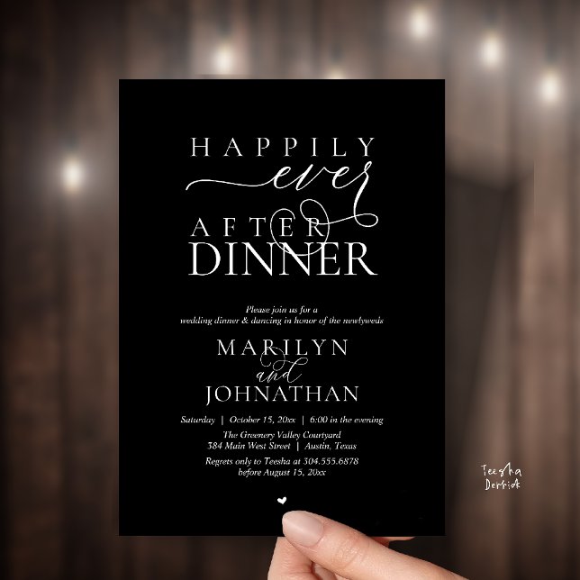 Invitation Heureux pour toujours, dîner de réception de maria (Happily Ever After Dinner Modern Wedding Reception Invitation card in Classy Black)