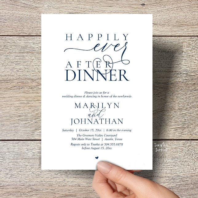 Invitation Heureux pour toujours, dîner de réception de maria (Happily Ever After Dinner Modern Wedding Reception Invitation card in Navy Blue)