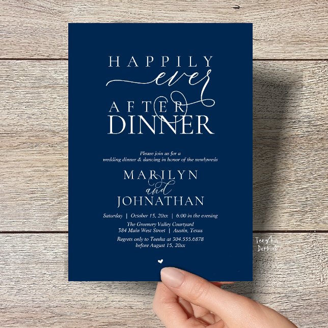 Invitation Heureux pour toujours, dîner de réception de maria (Happily Ever After Dinner Modern Wedding Reception Invitation card in Navy Blue)