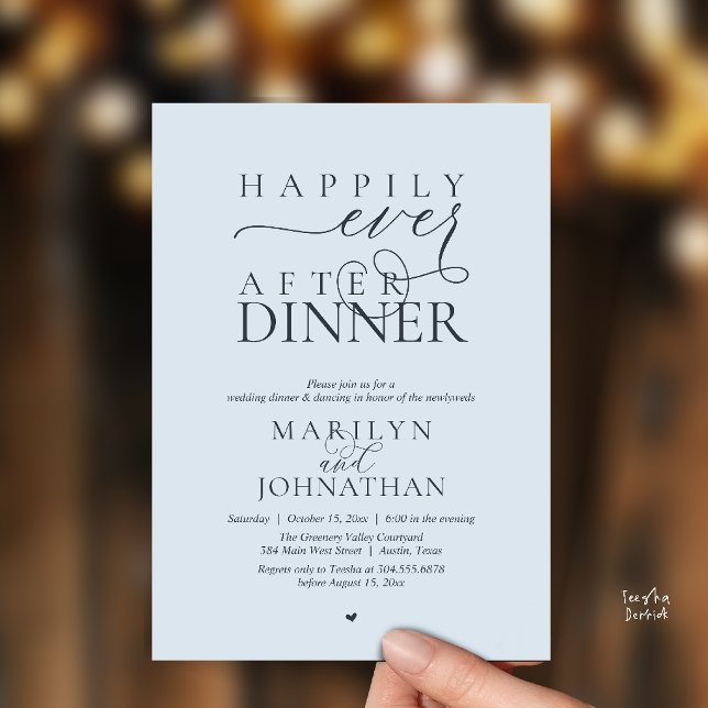 Invitation Heureux pour toujours, dîner de réception de maria (Happily Ever After Dinner Modern Wedding Reception Invitation card in misty blue)