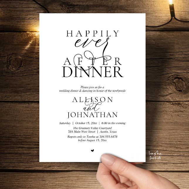 Invitation Heureux pour toujours dîner moderne scénario de ma (Happily Ever After Dinner Modern Script Wedding Invitation Card in Black and White)
