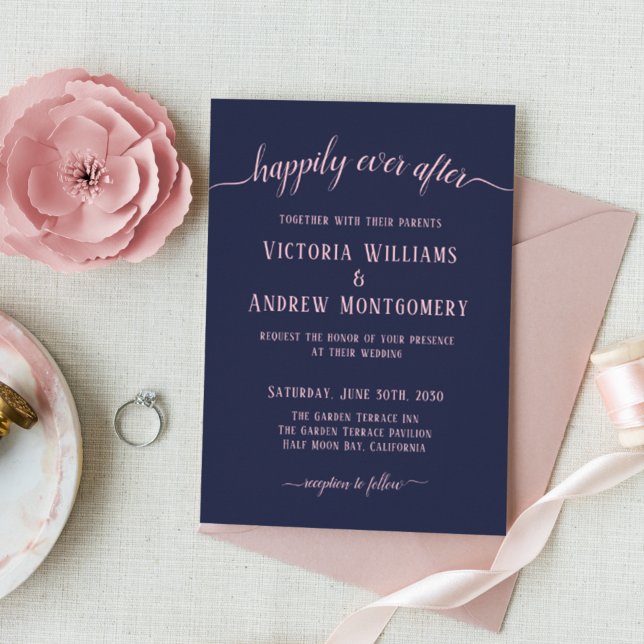 Invitation Heureux Pour Toujours Moderne Rose Script Marine B (Créateur téléchargé)
