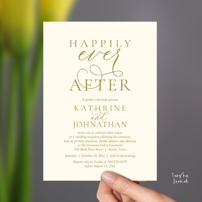 Invitation Heureux Pour Toujours, Réception de Mariage Modern (Happily Ever After, Modern Wedding Reception hors d'oeuvres Drinks Dancing Invites Card Yellow Gold)