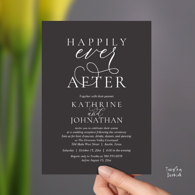 Invitation Heureux Pour Toujours, Réception de Mariage Modern (Happily Ever After, Modern Wedding Reception hors d'oeuvres Drinks Dancing Invites Card Charcoal)