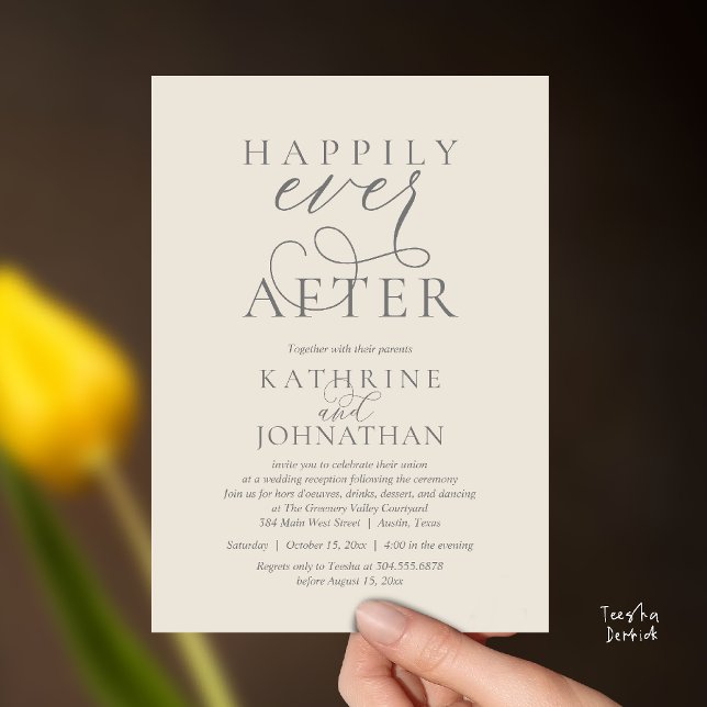 Invitation Heureux Pour Toujours, Réception De Mariage Modern (Happily Ever After, Modern Wedding Reception hors d'oeuvres Drinks Dancing Invites Card Cream Grey)