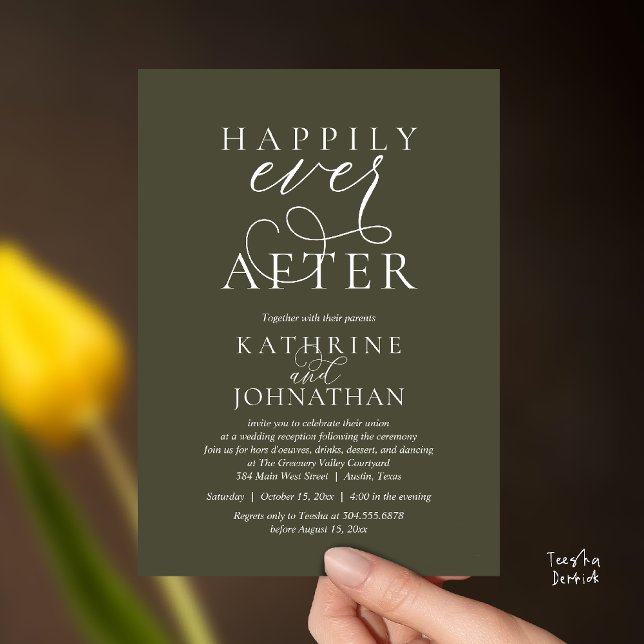 Invitation Heureux Pour Toujours, Réception de Mariage Modern (Happily Ever After, Modern Wedding Reception hors d'oeuvres Drinks Dancing Invites Card Olive Green)