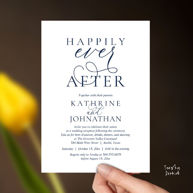 Invitation Heureux Pour Toujours, Réception de Mariage Modern (Happily Ever After, Modern Wedding Reception Drinks Dessert Dancing Invitation Card in Navy Blue)