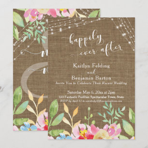 Invitation Heureux Pour Toujours, Toile de Jute, Fleurs & Lum