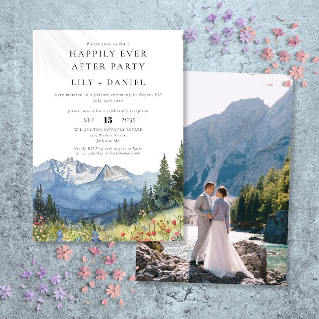 Invitation Heureux toujours après aquarelle photo de montagne (Happily Ever After Watercolor Mountain Photo Invitation)