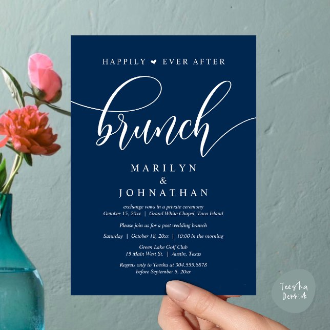 Invitation Heureux toujours après Brunch, Mariage de poste (Happily Ever After Lunch, Wedding Party Invitation Card PDF Modern Beautiful Navy Blue)